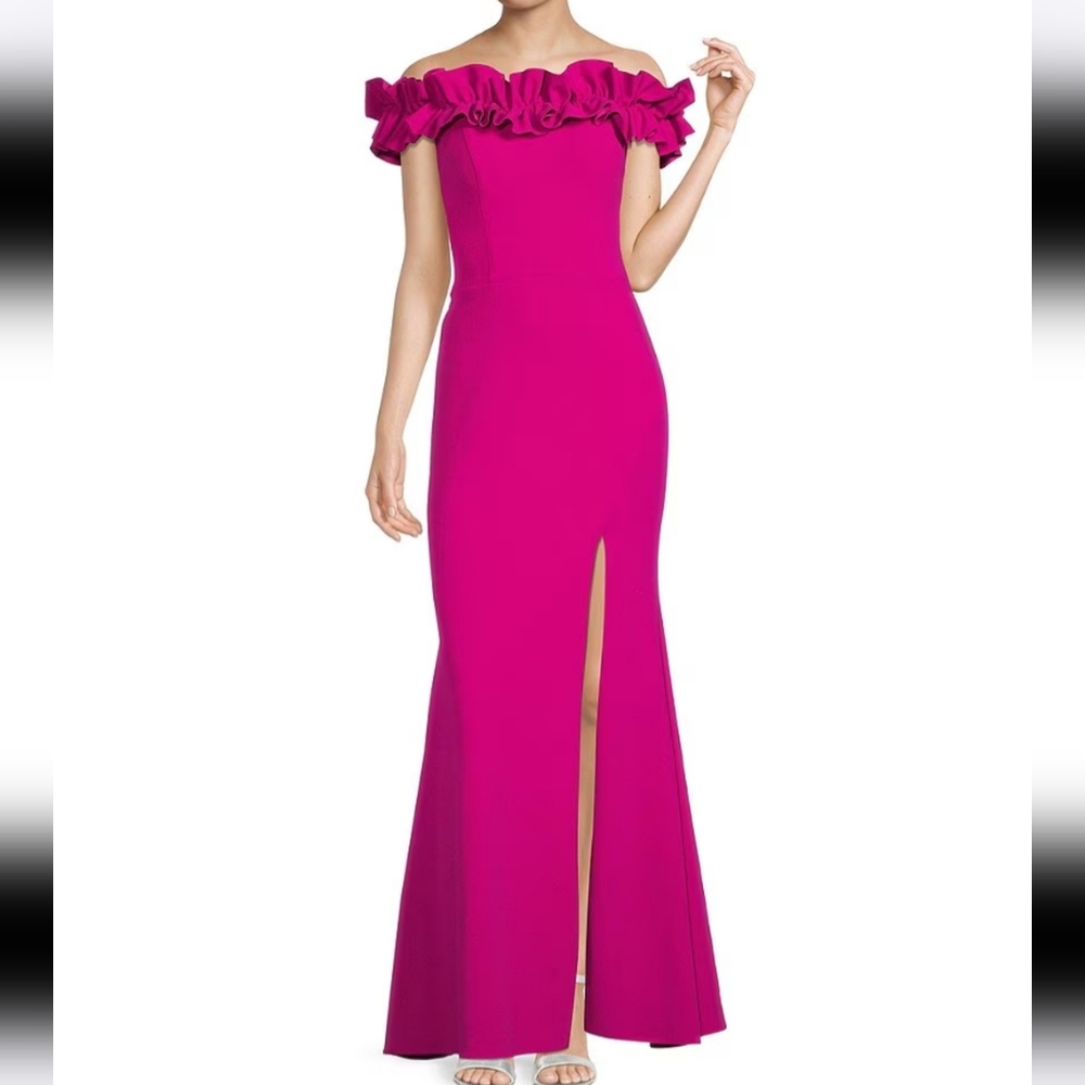 Xscape long crepe over the shoulder ruffle gown